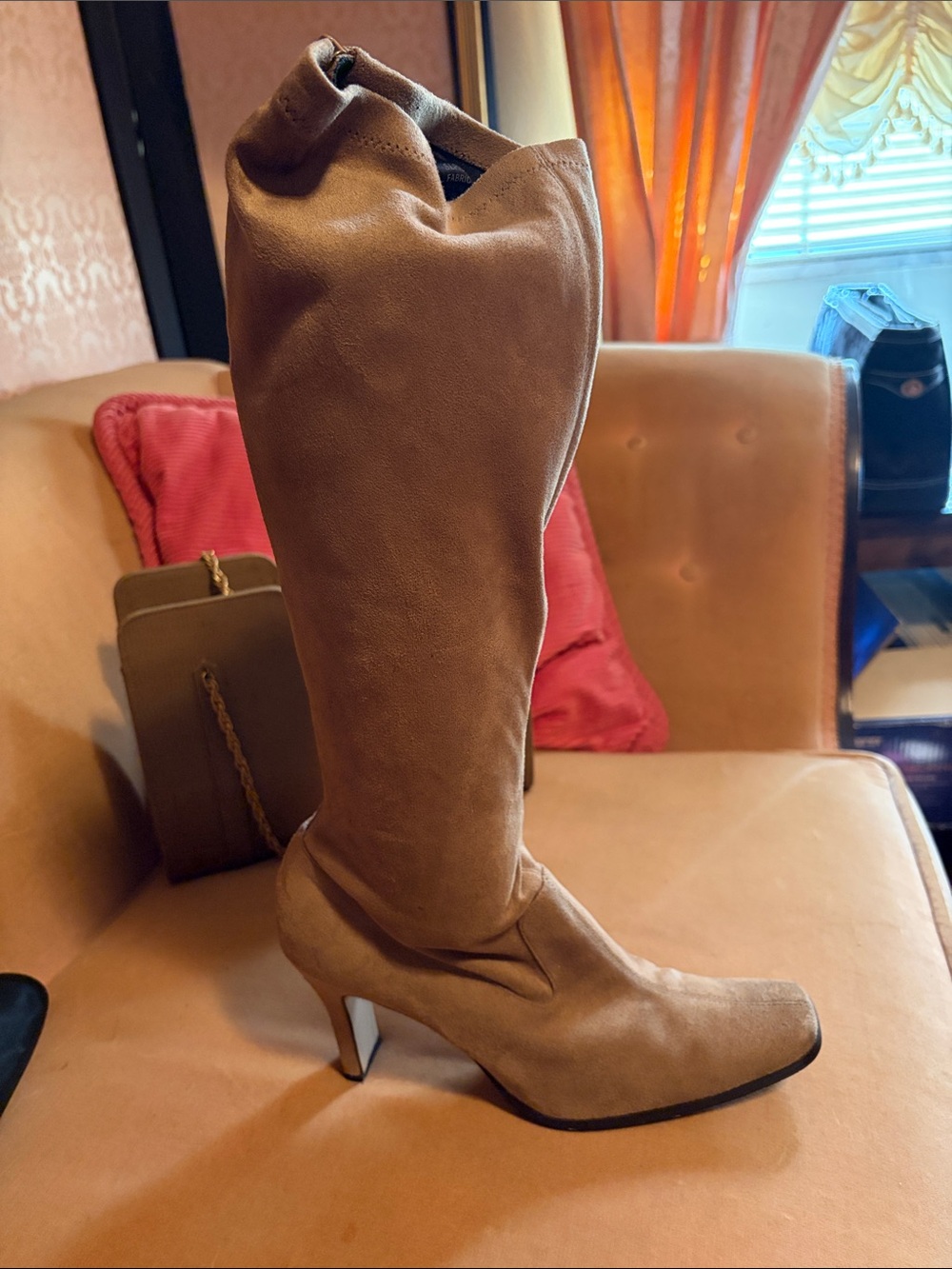 Sam & Libby Tall Taupe Suede-Look Knee High Heel Boots